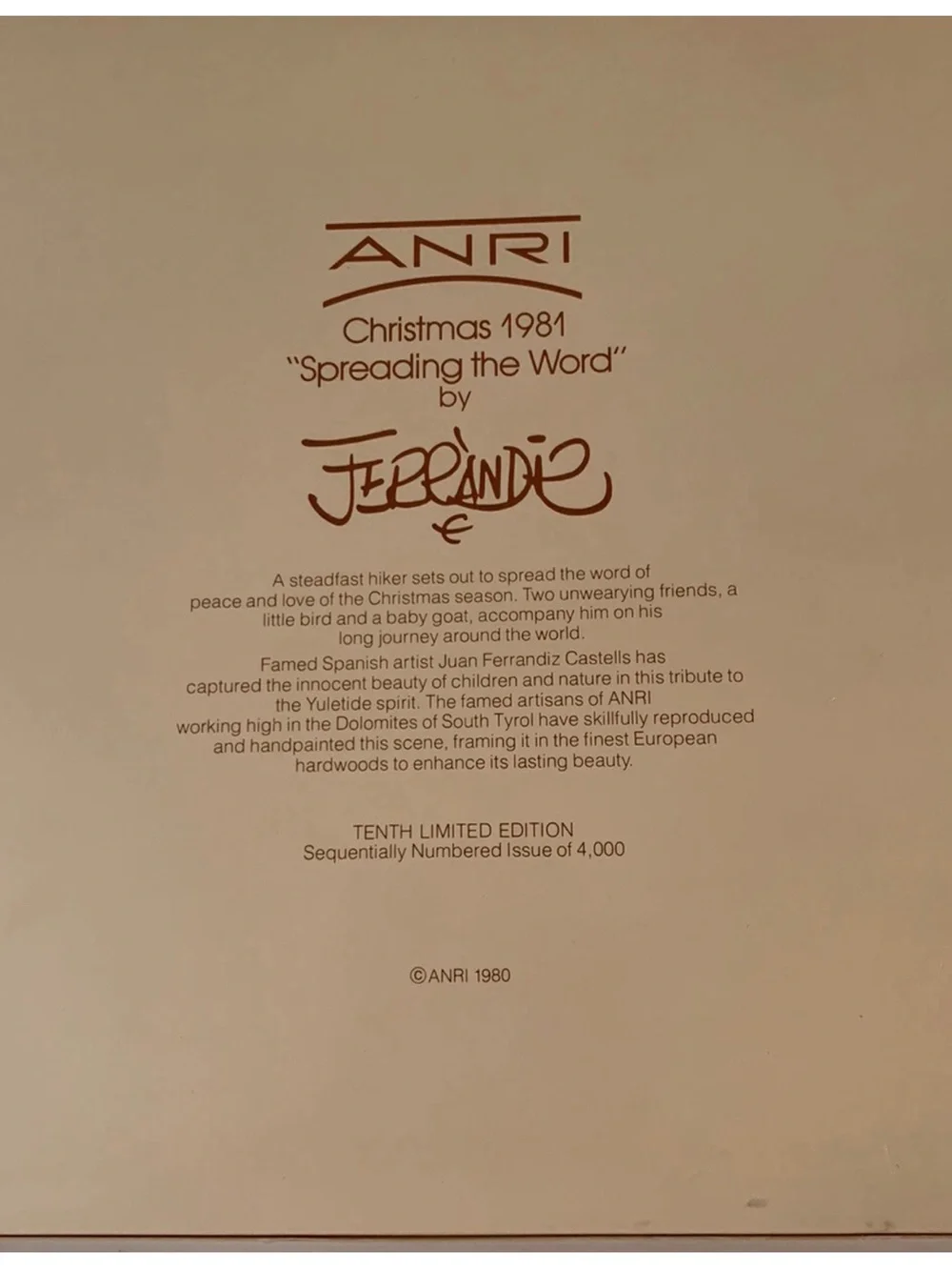 ANRI Christmas 1981 Spreading The Word Plate by J Ferrandiz 724/4000 Italy